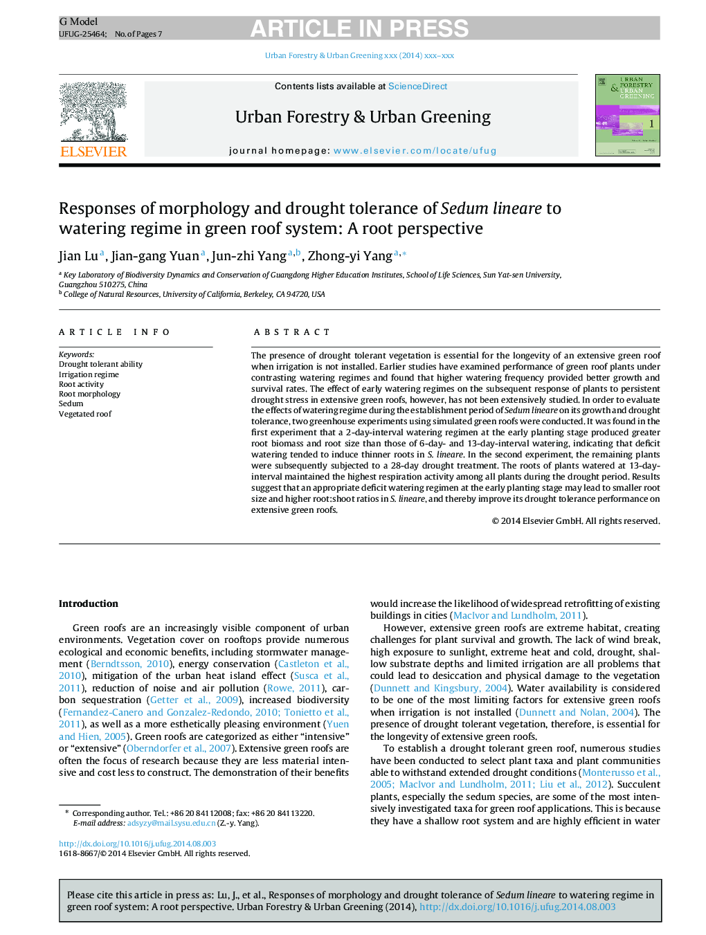 Responses of morphology and drought tolerance of Sedum lineare to watering regime in green roof system: A root perspective