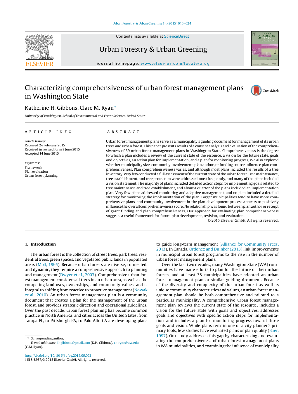 Characterizing comprehensiveness of urban forest management plans in Washington State