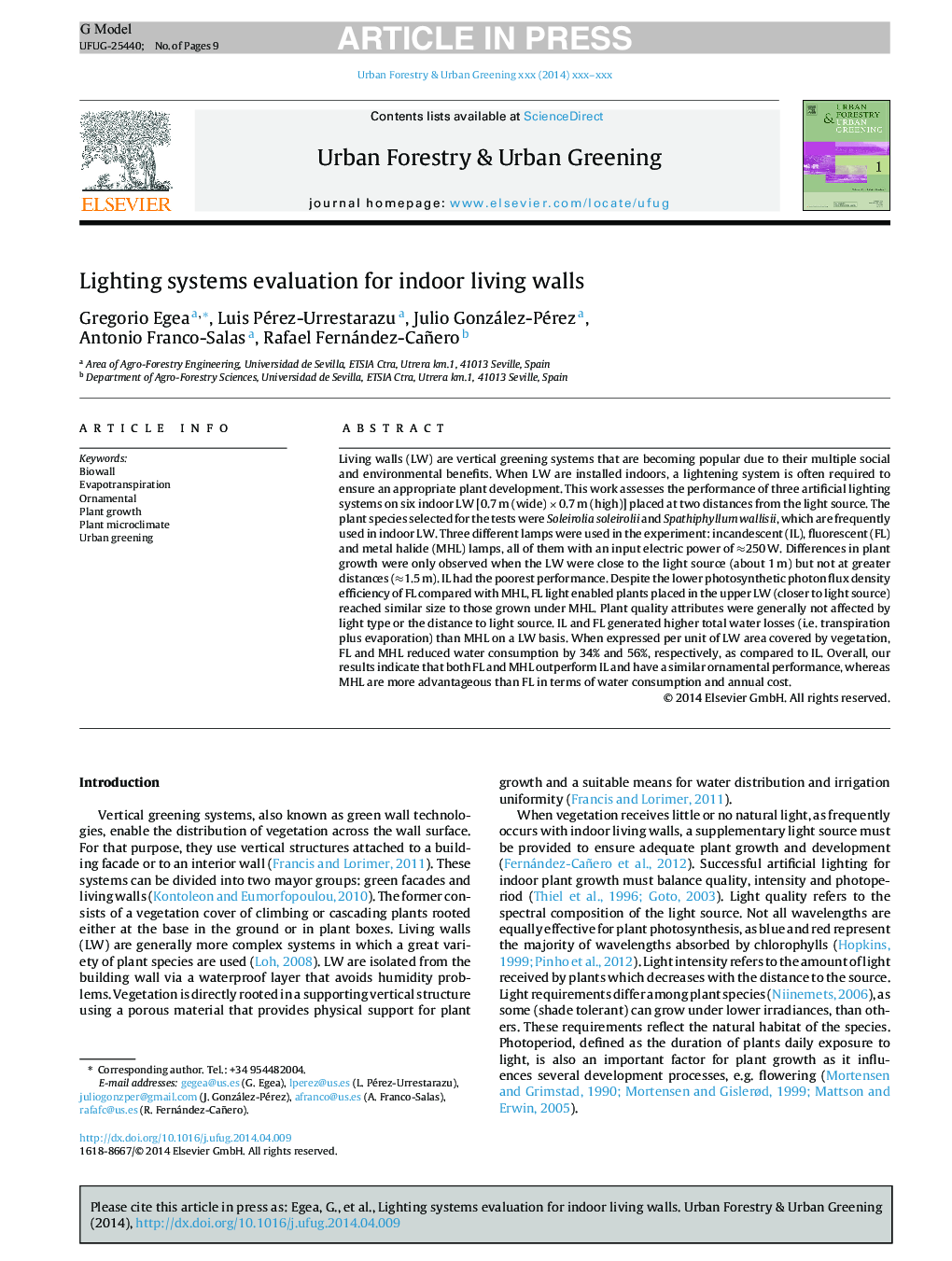 Lighting systems evaluation for indoor living walls