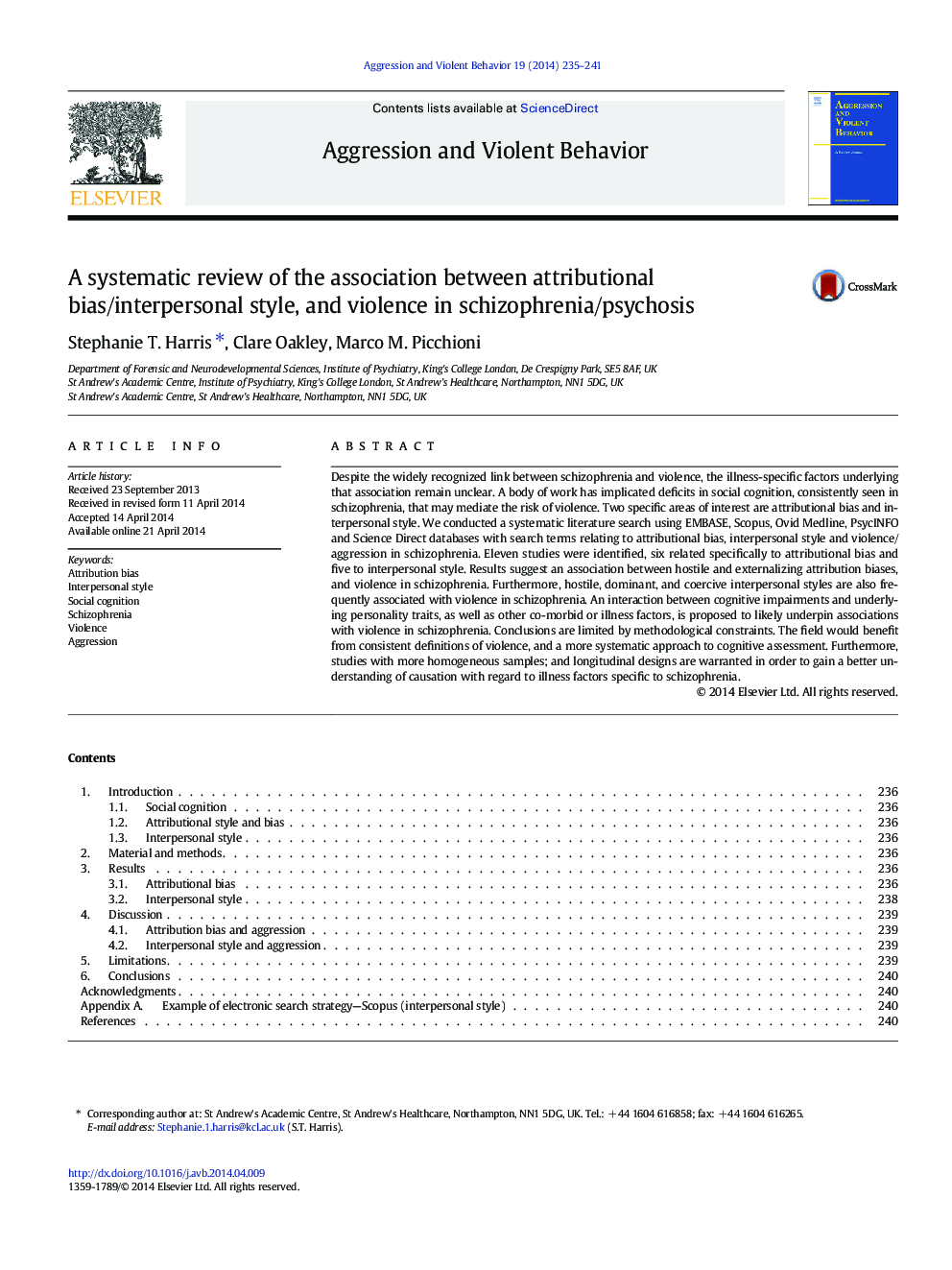 A systematic review of the association between attributional bias/interpersonal style, and violence in schizophrenia/psychosis