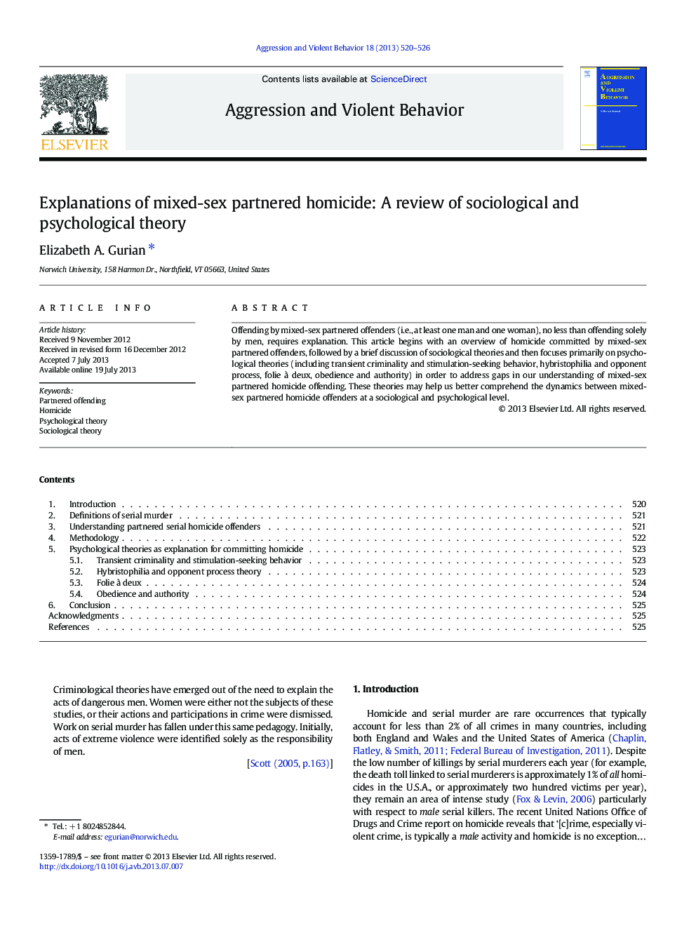 Explanations of mixed-sex partnered homicide: A review of sociological and psychological theory