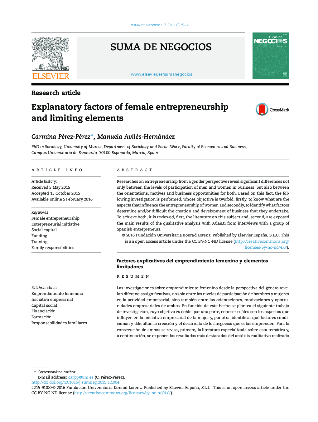 Explanatory factors of female entrepreneurship and limiting elements