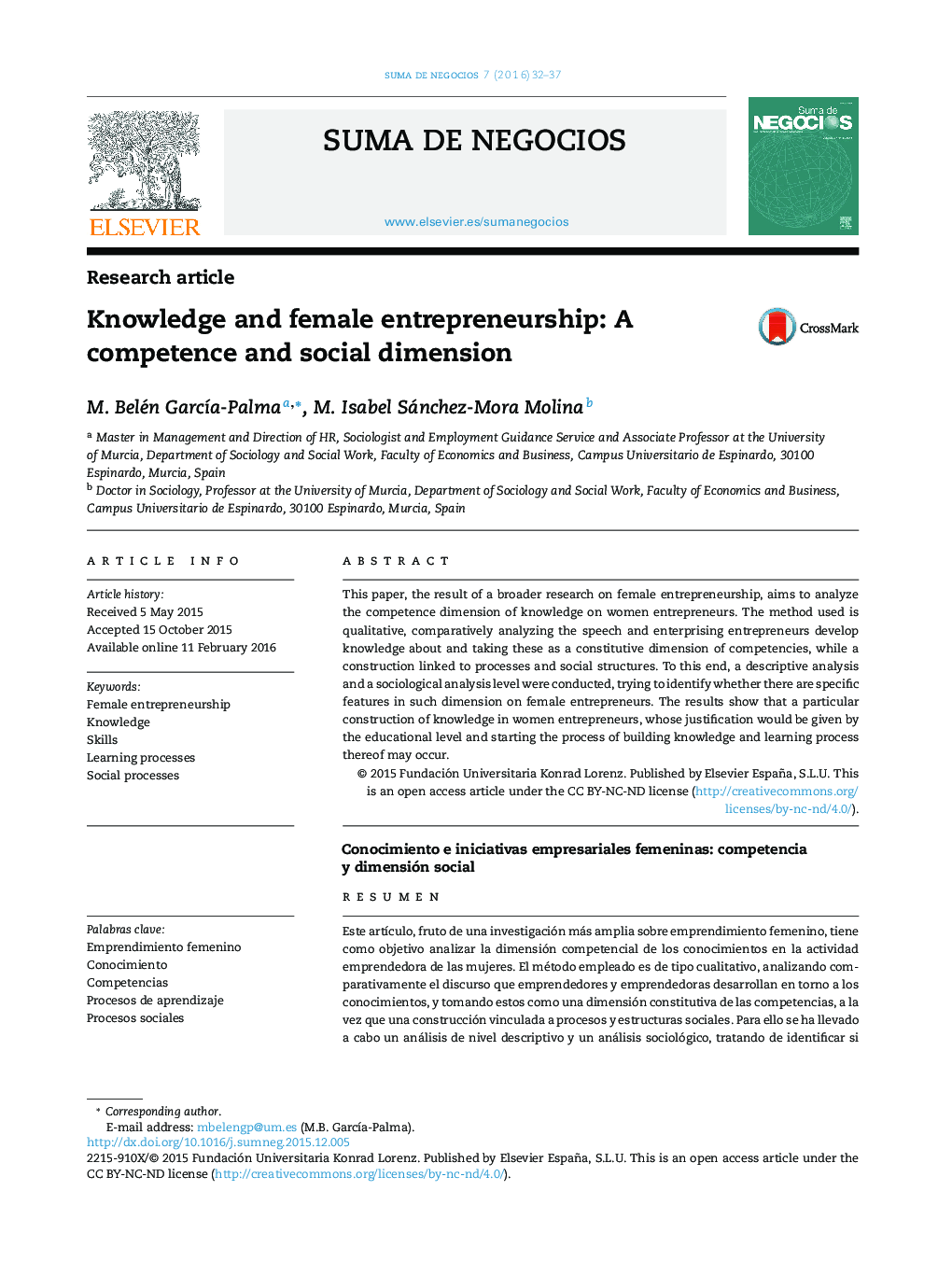 Knowledge and female entrepreneurship: A competence and social dimension