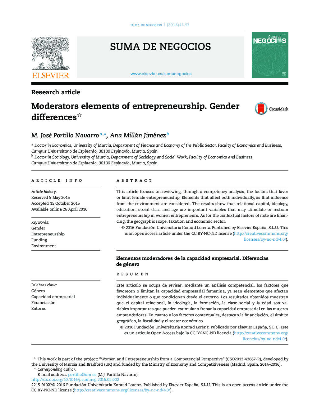Moderators elements of entrepreneurship. Gender differences 