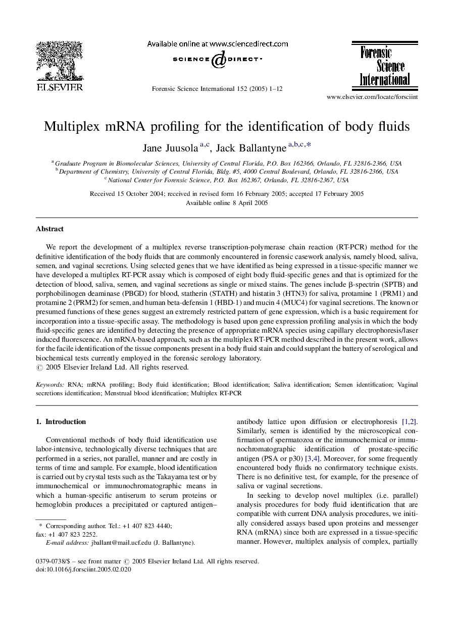 Multiplex mRNA profiling for the identification of body fluids