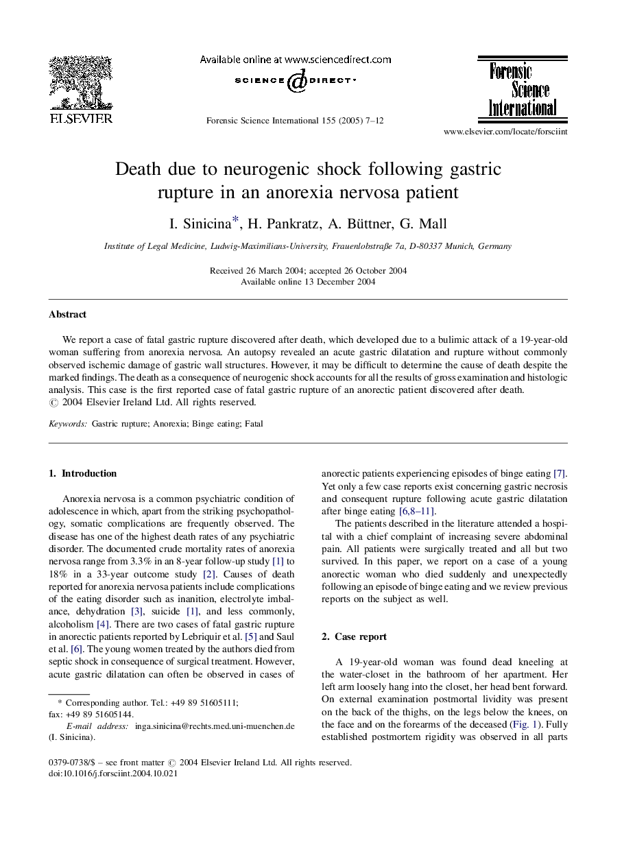 Death due to neurogenic shock following gastric rupture in an anorexia nervosa patient