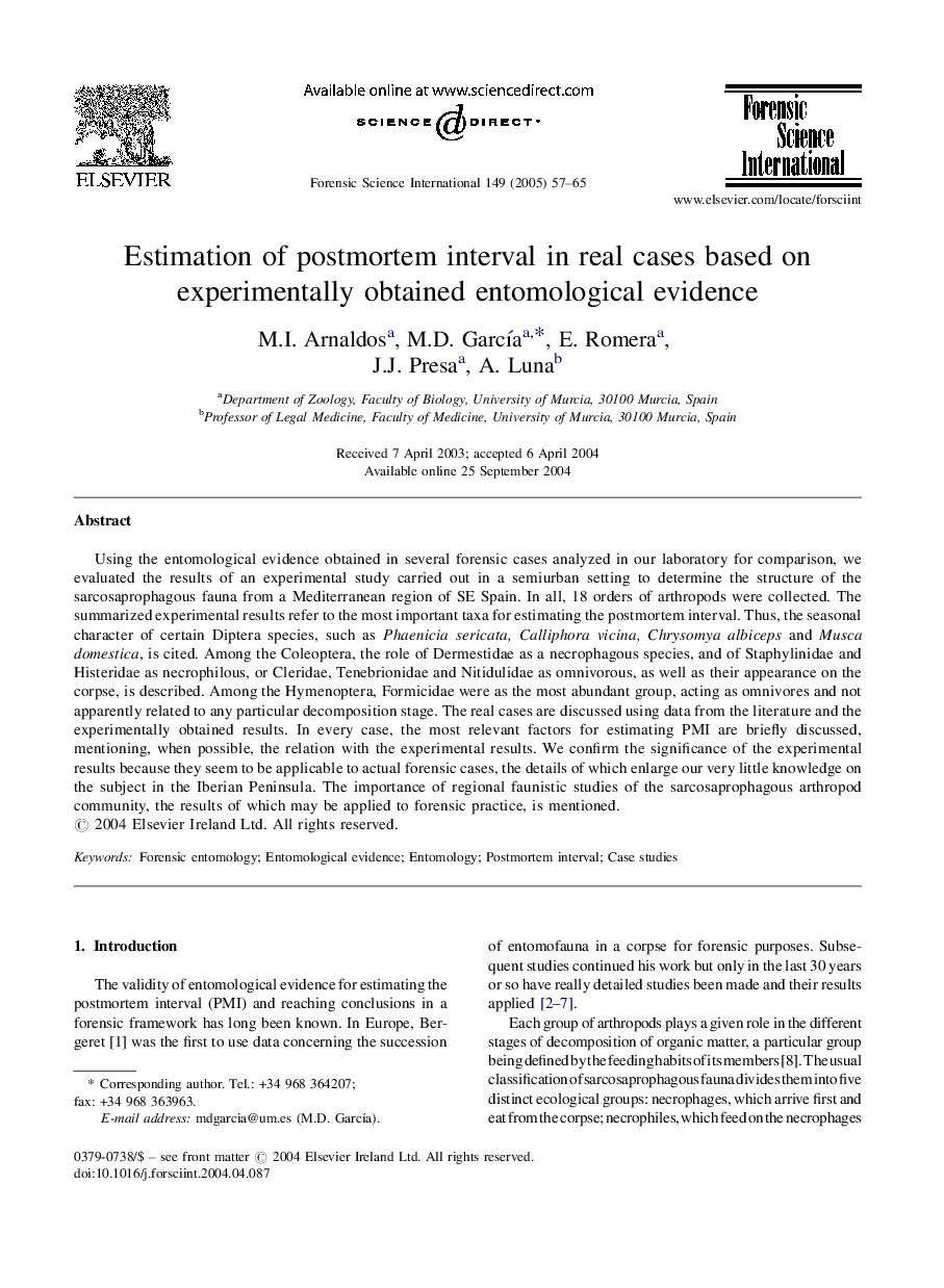 Estimation of postmortem interval in real cases based on experimentally obtained entomological evidence