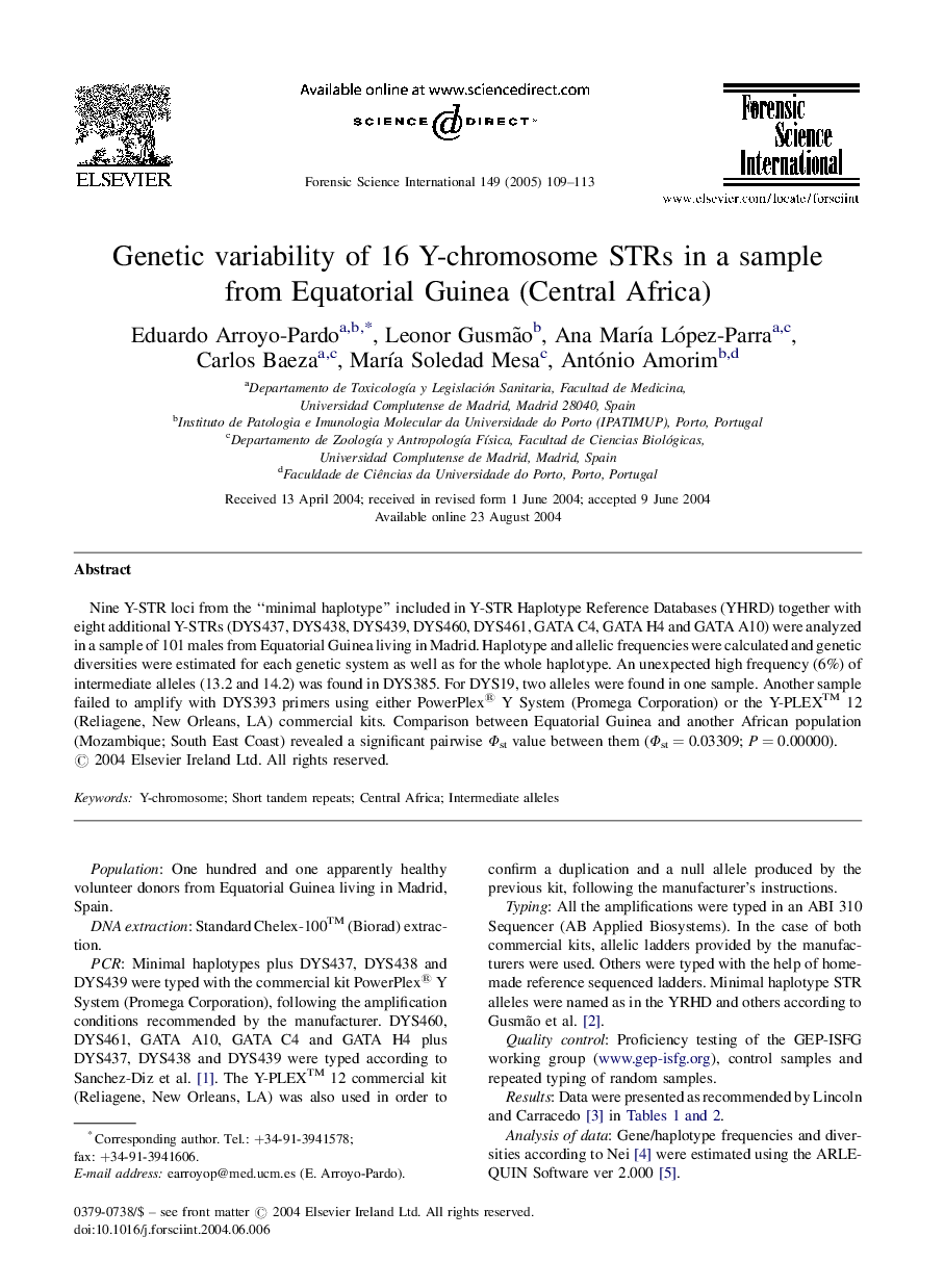 Genetic variability of 16 Y-chromosome STRs in a sample from Equatorial Guinea (Central Africa)