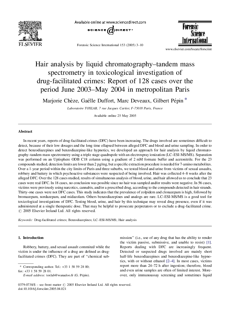 Hair analysis by liquid chromatography-tandem mass spectrometry in toxicological investigation of drug-facilitated crimes: Report of 128 cases over the period June 2003-May 2004 in metropolitan Paris