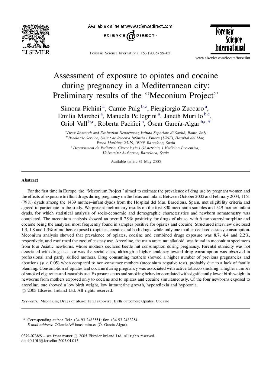 Assessment of exposure to opiates and cocaine during pregnancy in a Mediterranean city: Preliminary results of the “Meconium Project”