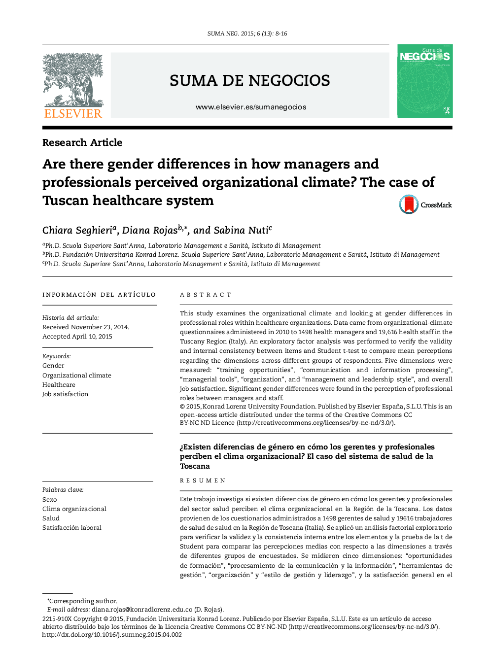 Are there gender differences in how managers and professionals perceived organizational climate? The case of Tuscan healthcare system