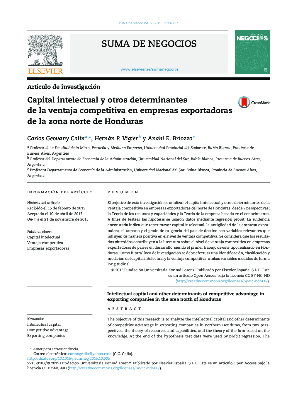 Capital intelectual y otros determinantes de la ventaja competitiva en empresas exportadoras de la zona norte de Honduras
