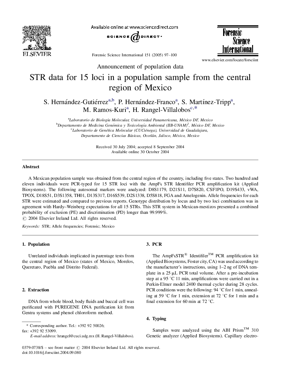 STR data for 15 loci in a population sample from the central region of Mexico