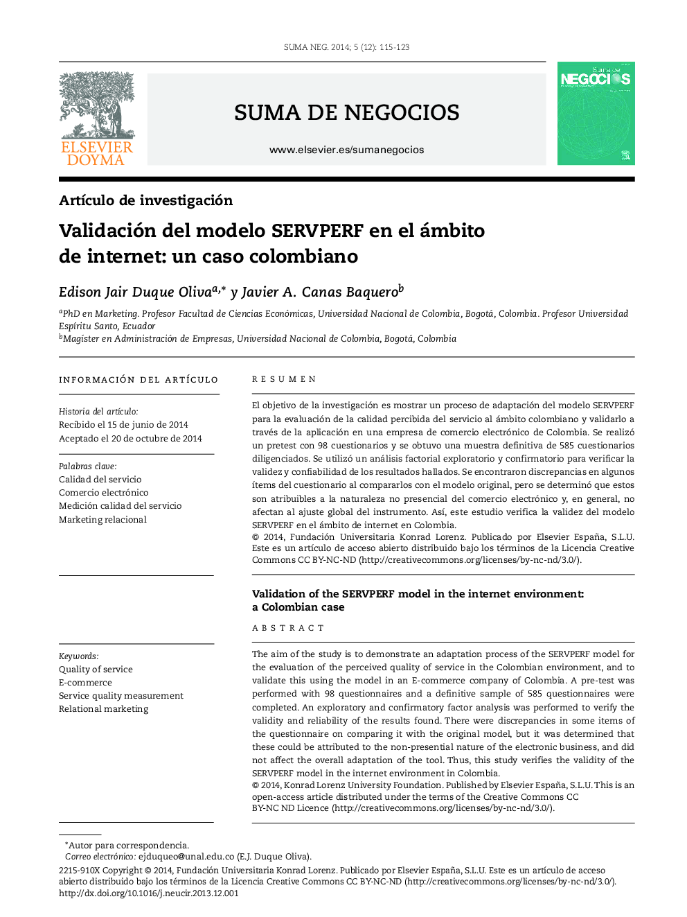 Validación del modelo SERVPERF en el ámbito de internet: un caso colombiano