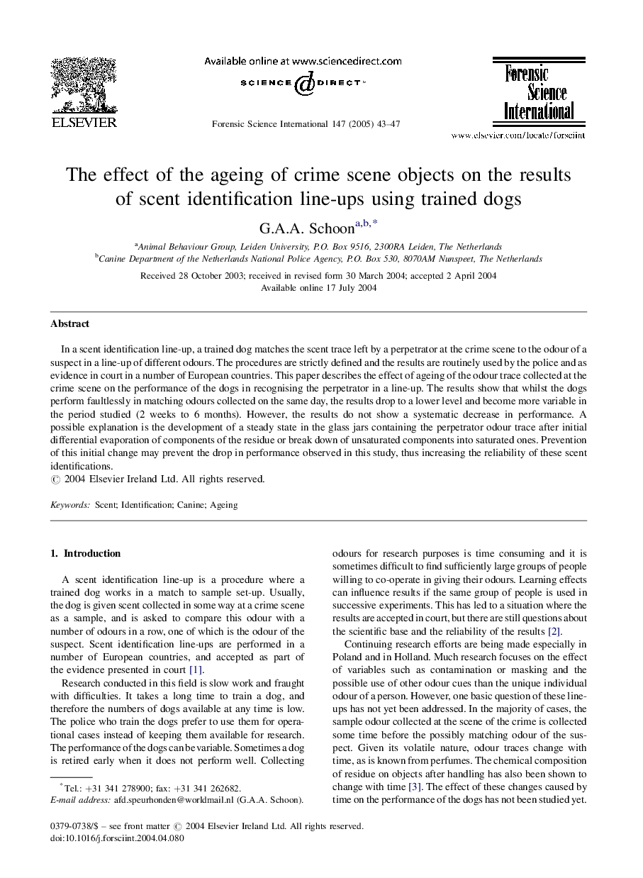 The effect of the ageing of crime scene objects on the results of scent identification line-ups using trained dogs