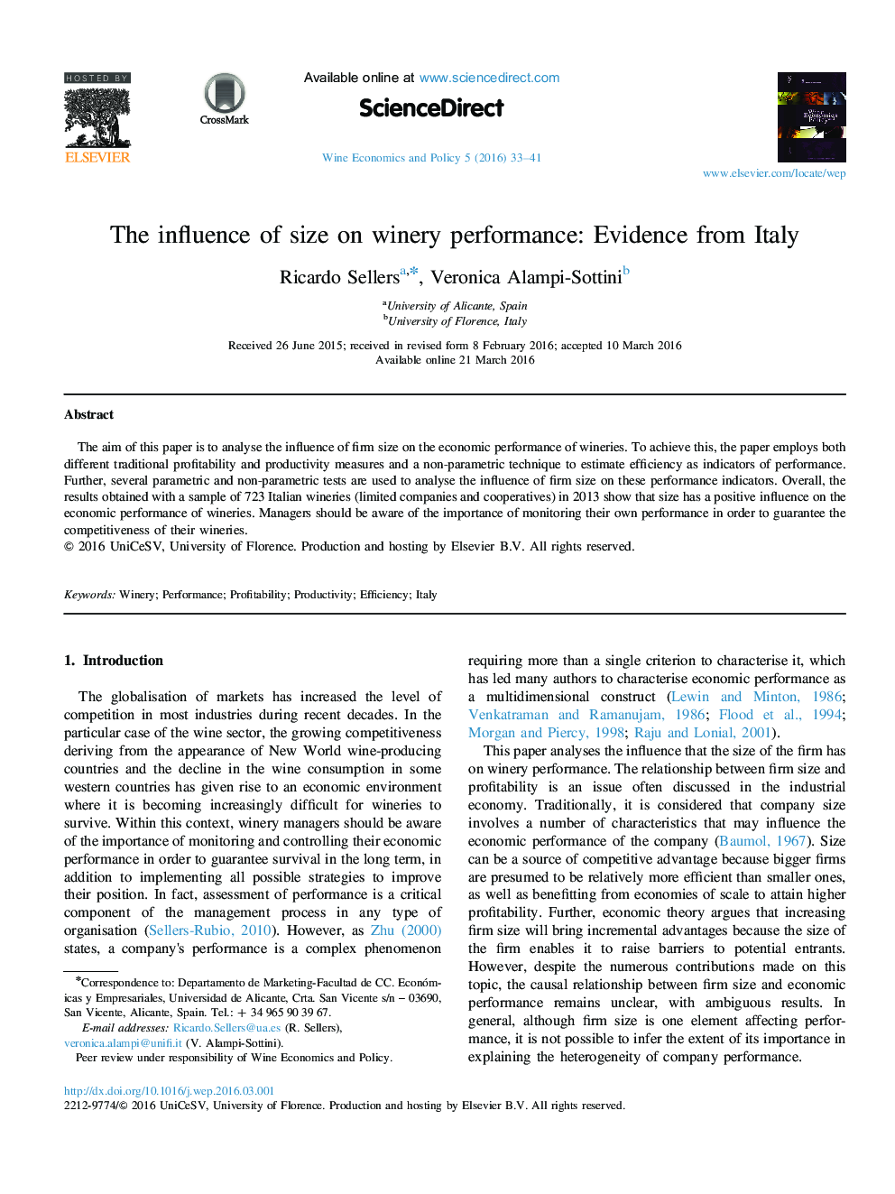 The influence of size on winery performance: Evidence from Italy 