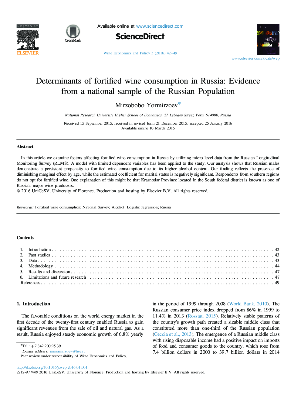 Determinants of fortified wine consumption in Russia: Evidence from a national sample of the Russian Population 