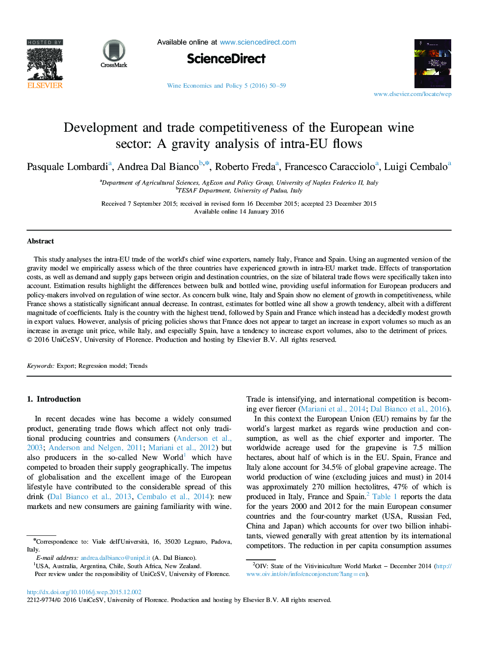 Development and trade competitiveness of the European wine sector: A gravity analysis of intra-EU flows