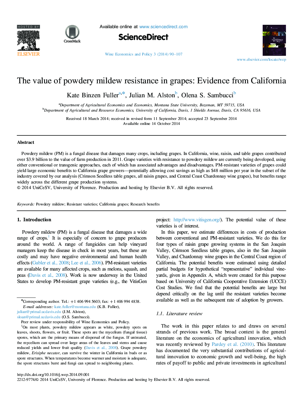 The value of powdery mildew resistance in grapes: Evidence from California 