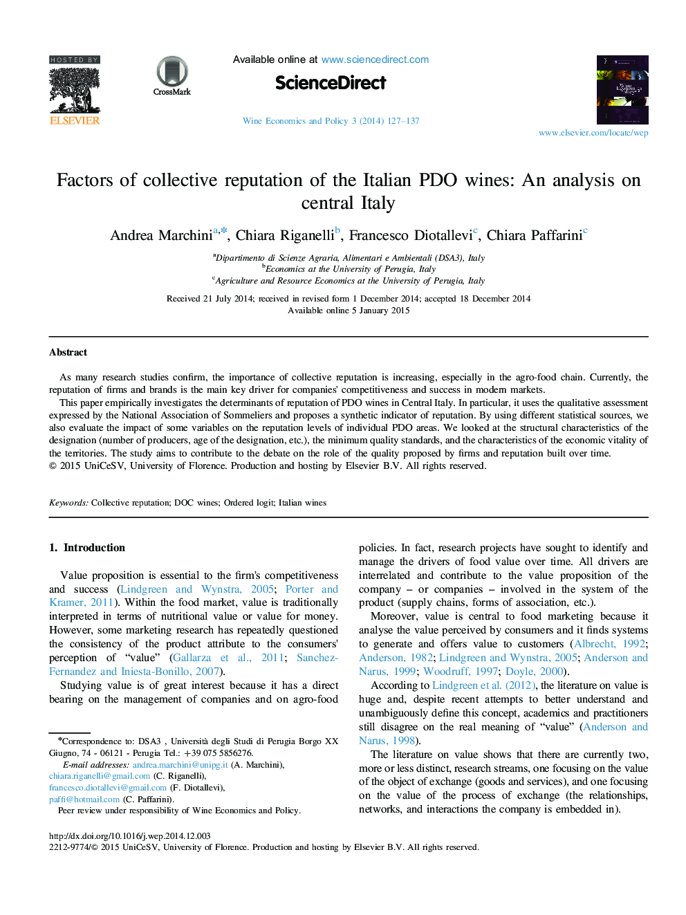 Factors of collective reputation of the Italian PDO wines: An analysis on central Italy 