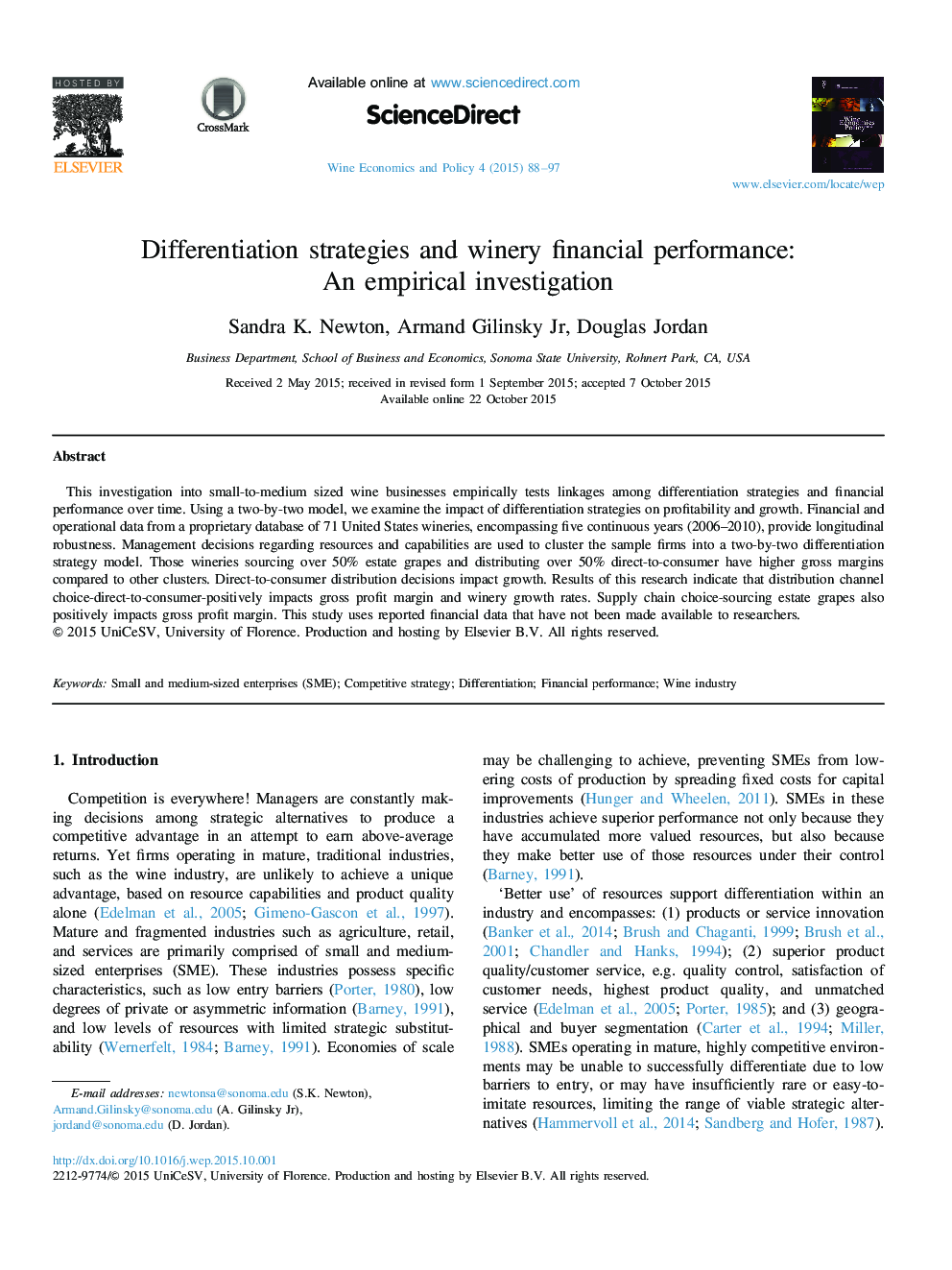 Differentiation strategies and winery financial performance: An empirical investigation