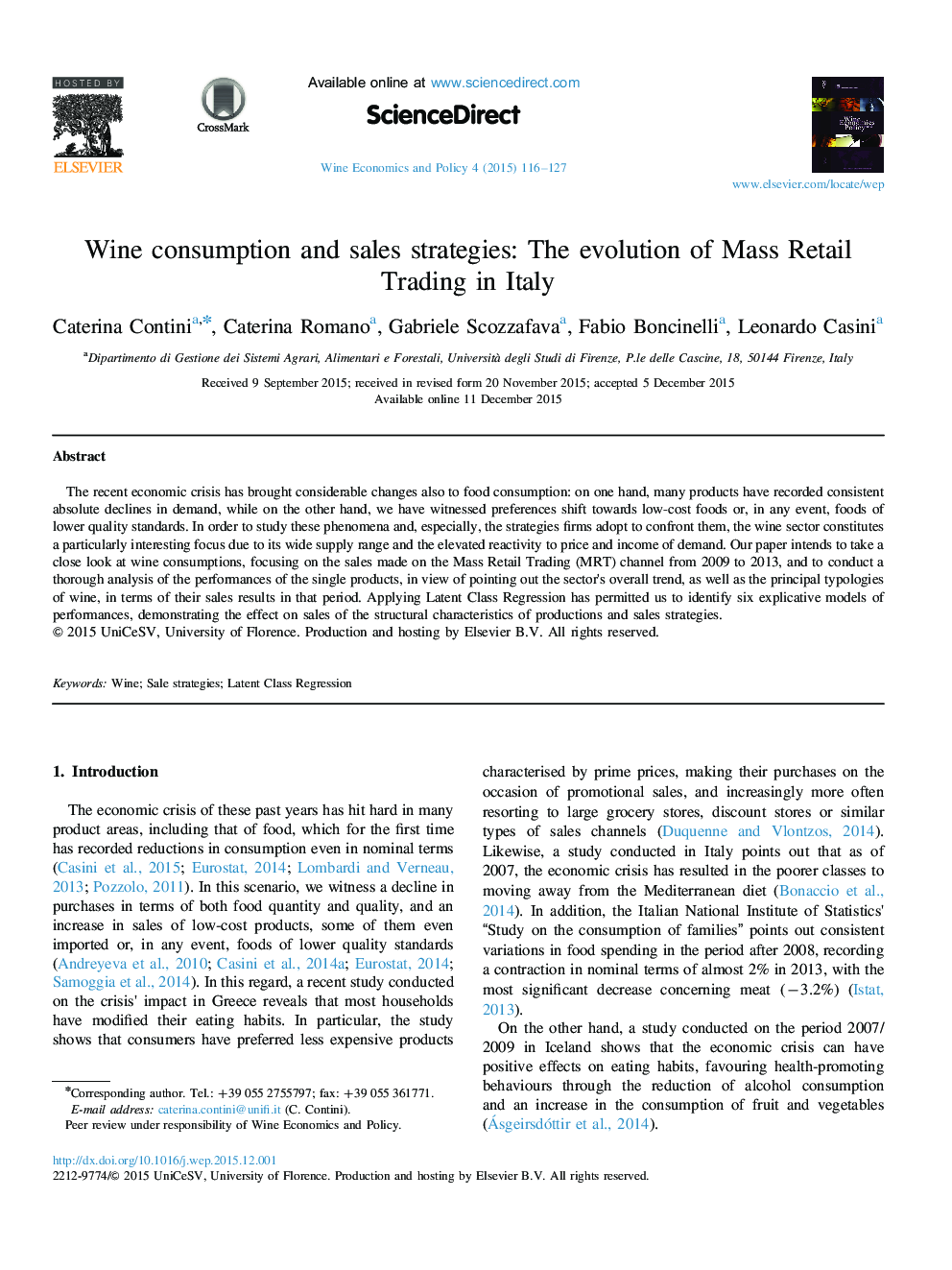 Wine consumption and sales strategies: The evolution of Mass Retail Trading in Italy 