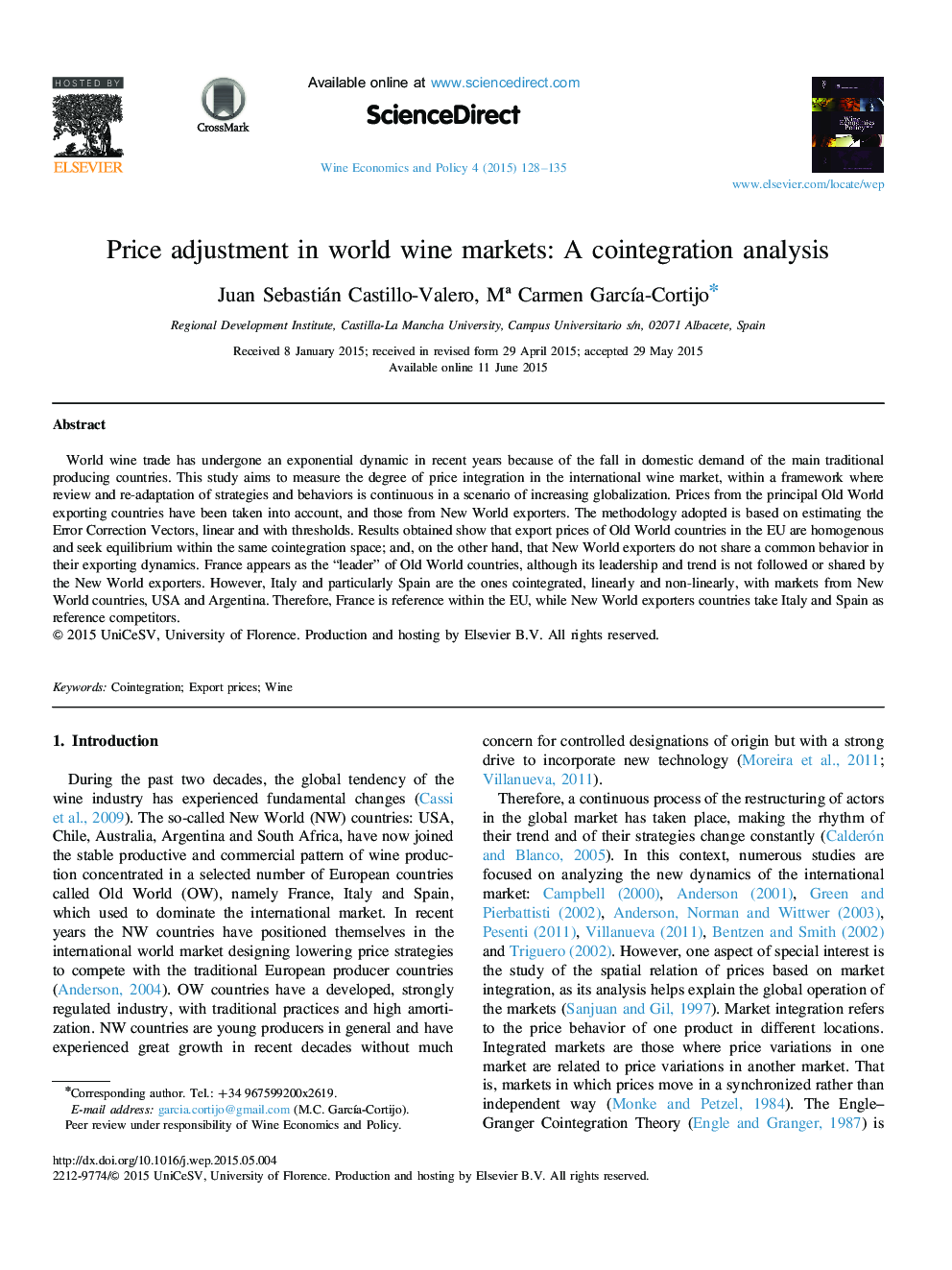 Price adjustment in world wine markets: A cointegration analysis 