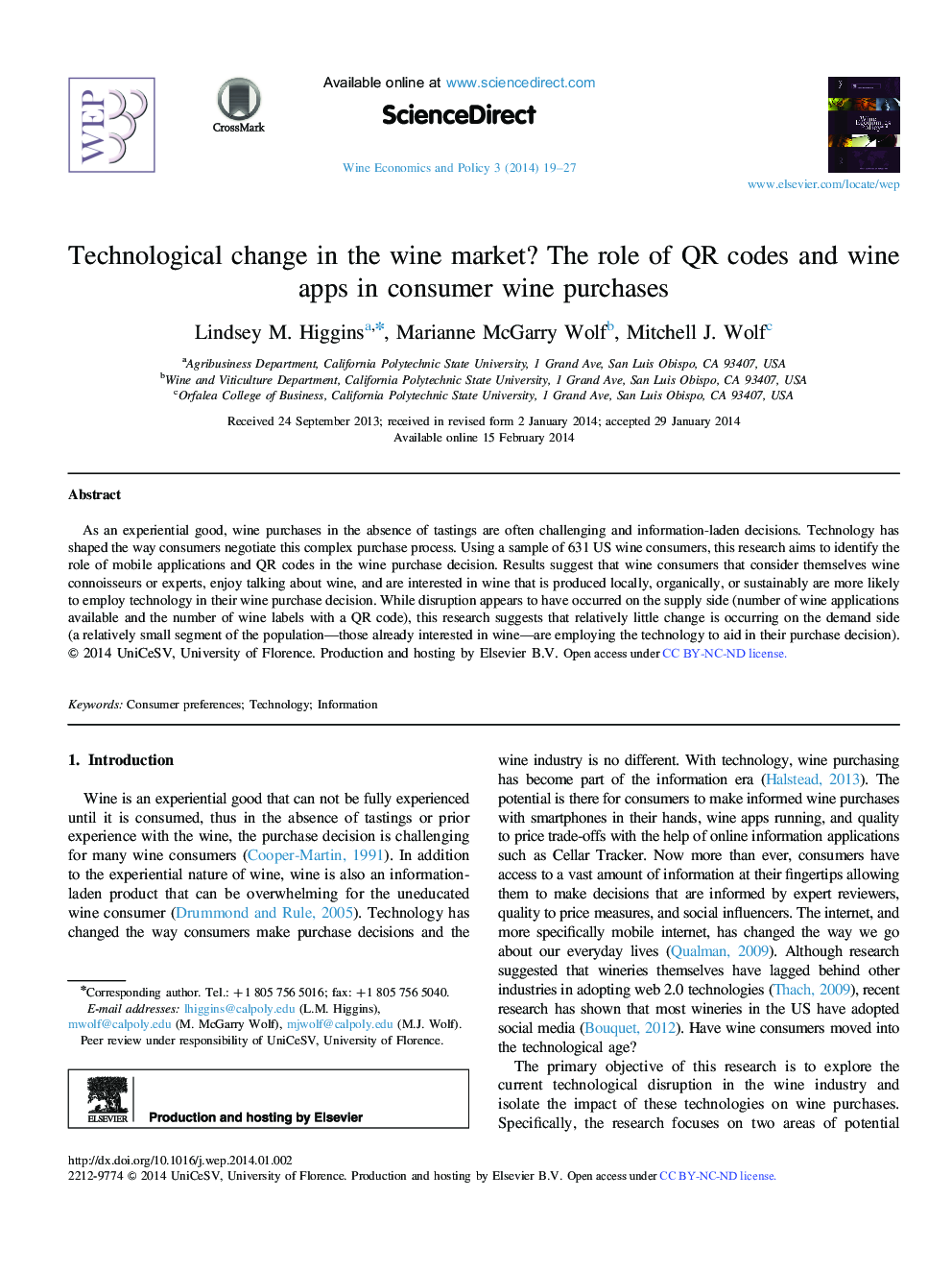 Technological change in the wine market? The role of QR codes and wine apps in consumer wine purchases 