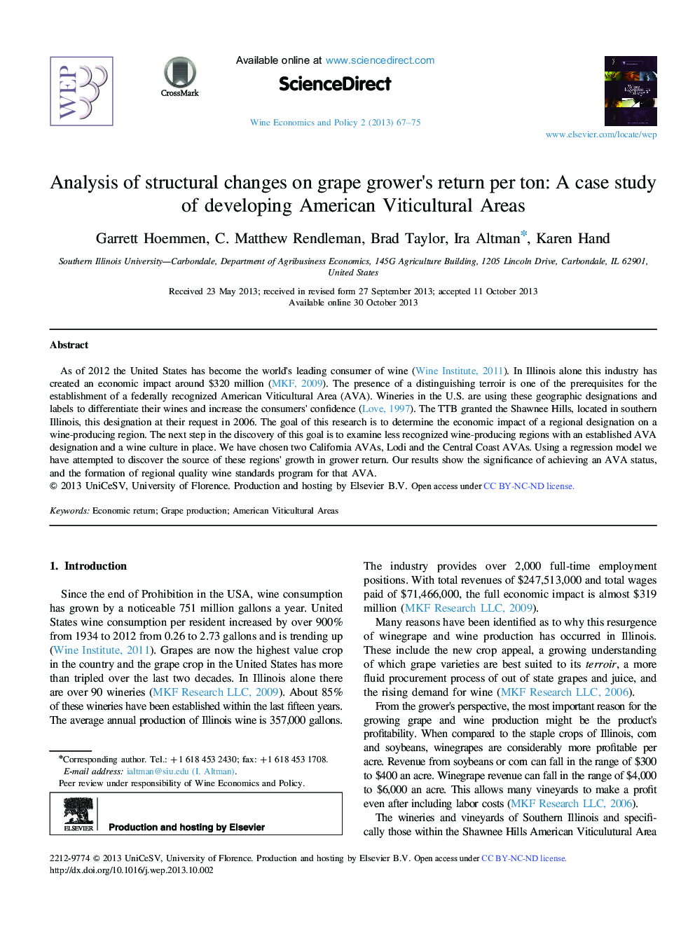 Analysis of structural changes on grape grower's return per ton: A case study of developing American Viticultural Areas 