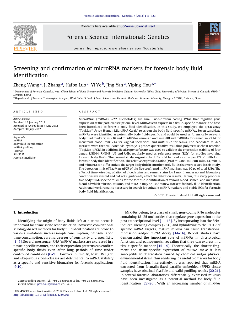 Screening and confirmation of microRNA markers for forensic body fluid identification