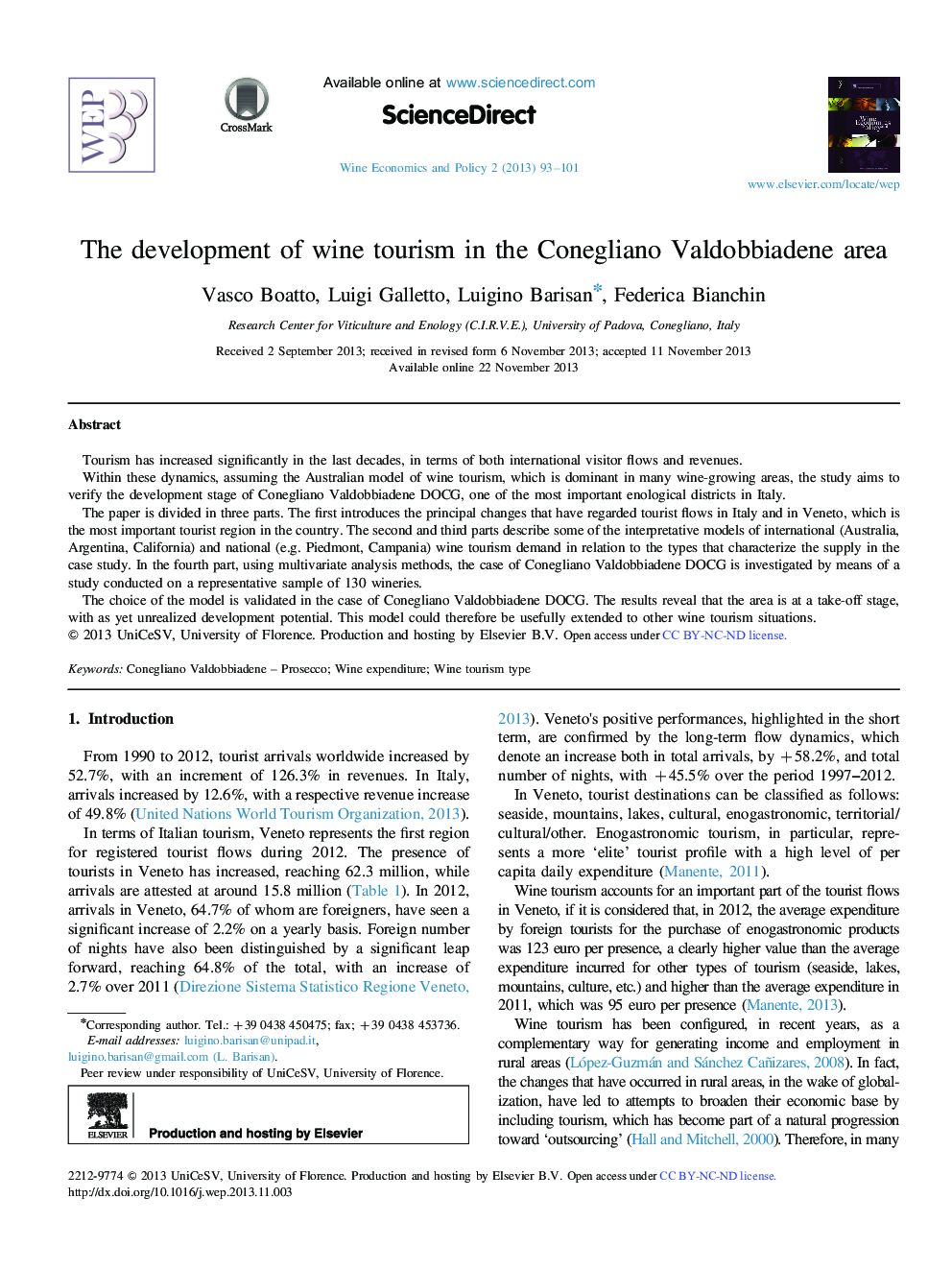 The development of wine tourism in the Conegliano Valdobbiadene area 