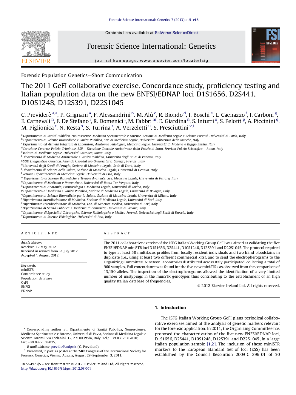 The 2011 GeFI collaborative exercise. Concordance study, proficiency testing and Italian population data on the new ENFSI/EDNAP loci D1S1656, D2S441, D10S1248, D12S391, D22S1045