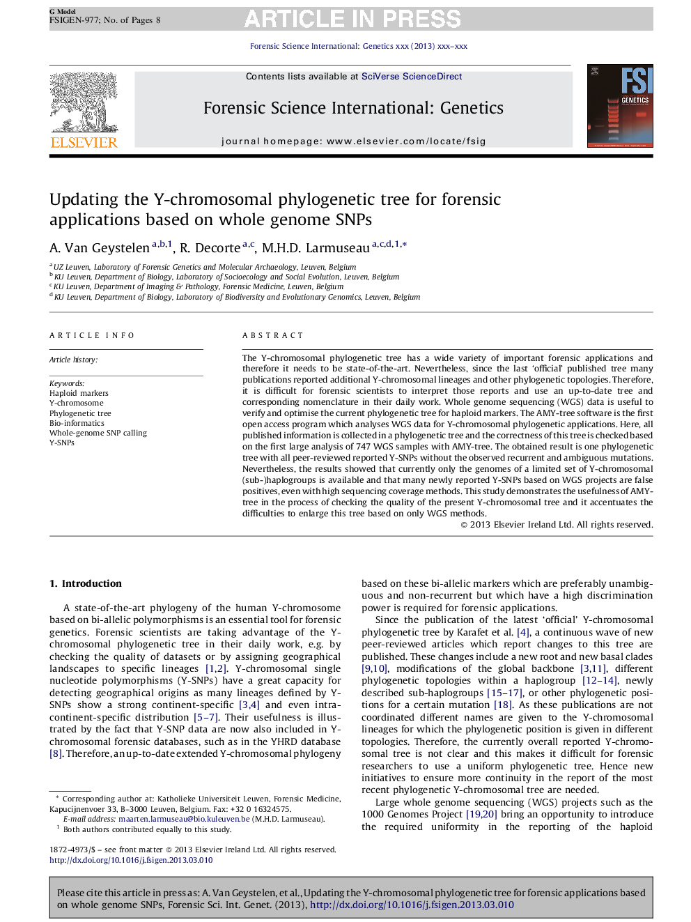 Updating the Y-chromosomal phylogenetic tree for forensic applications based on whole genome SNPs