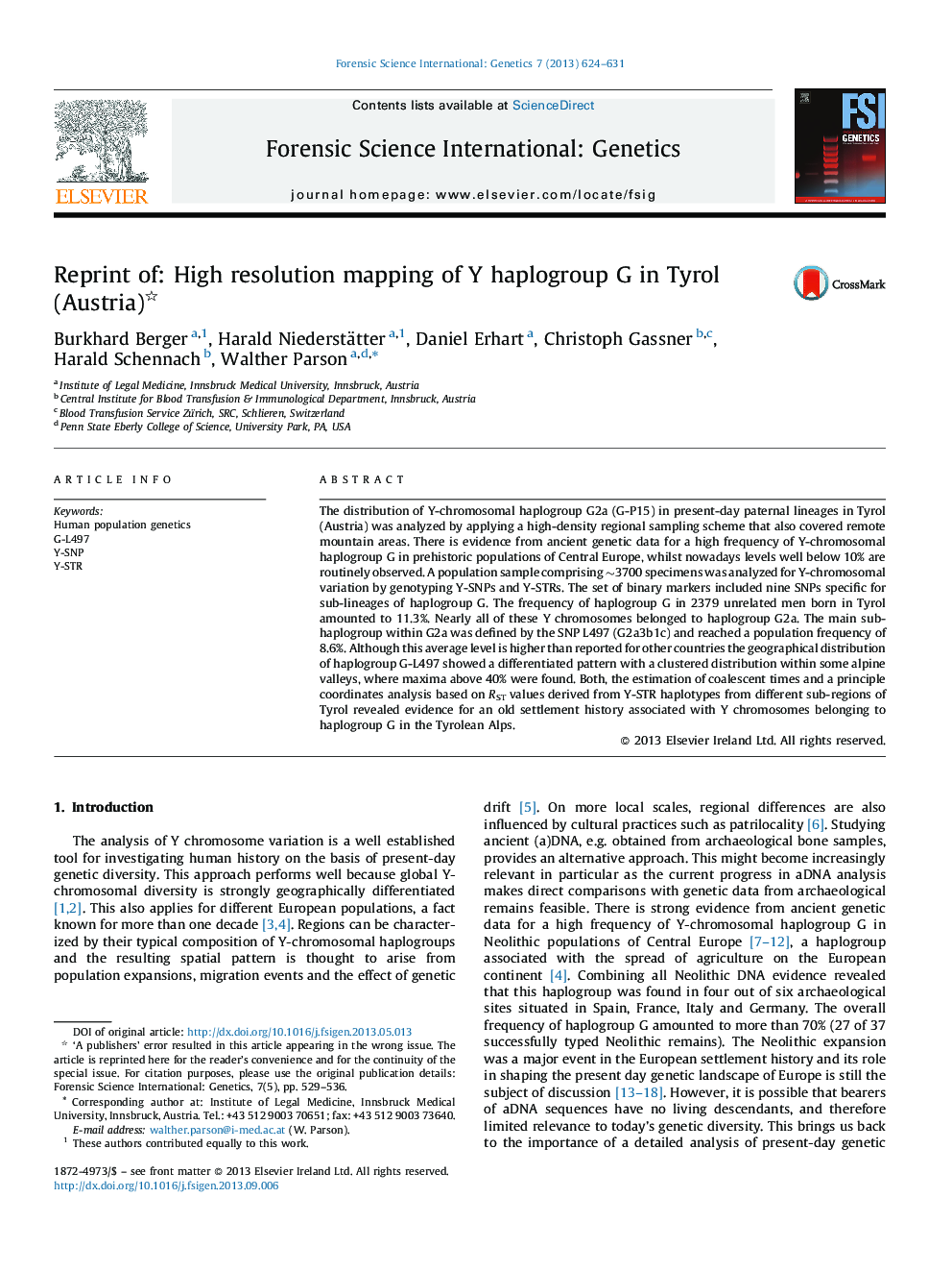 Reprint of: High resolution mapping of Y haplogroup G in Tyrol (Austria)