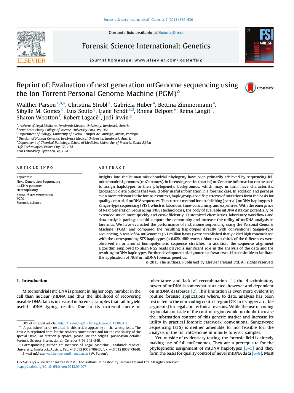 Reprint of: Evaluation of next generation mtGenome sequencing using the Ion Torrent Personal Genome Machine (PGM)