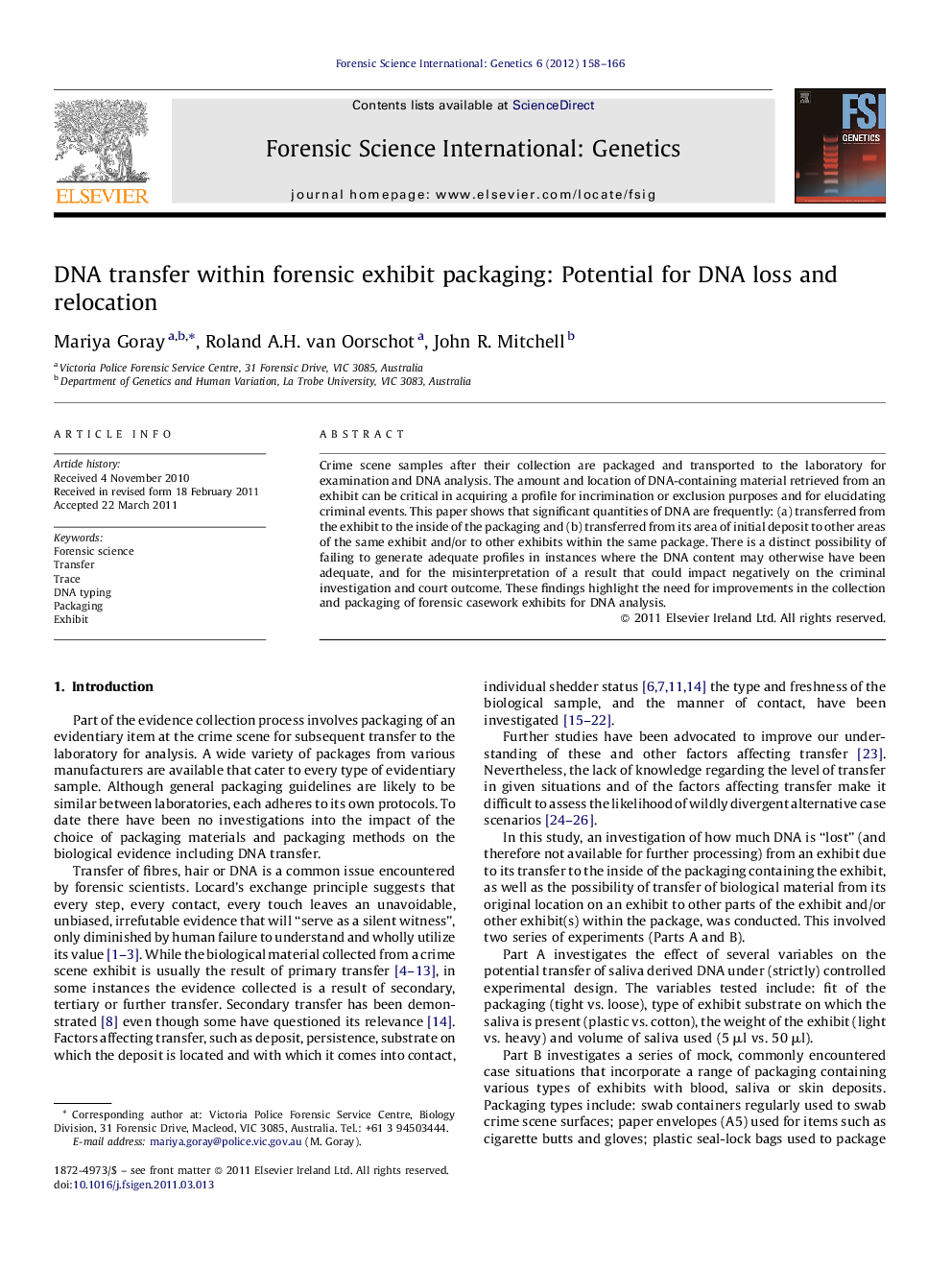 DNA transfer within forensic exhibit packaging: Potential for DNA loss and relocation