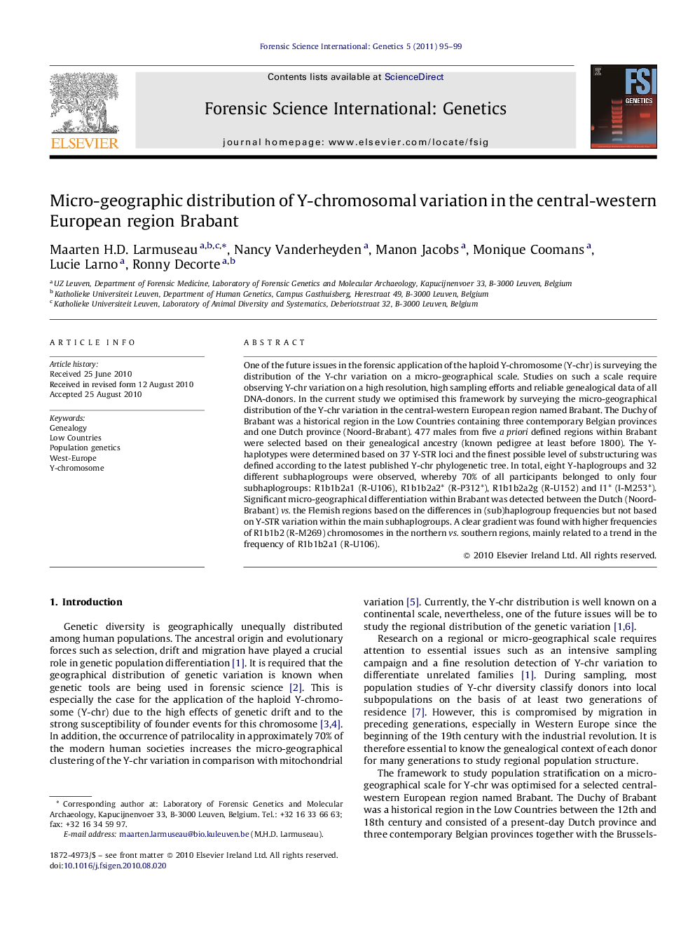 Micro-geographic distribution of Y-chromosomal variation in the central-western European region Brabant