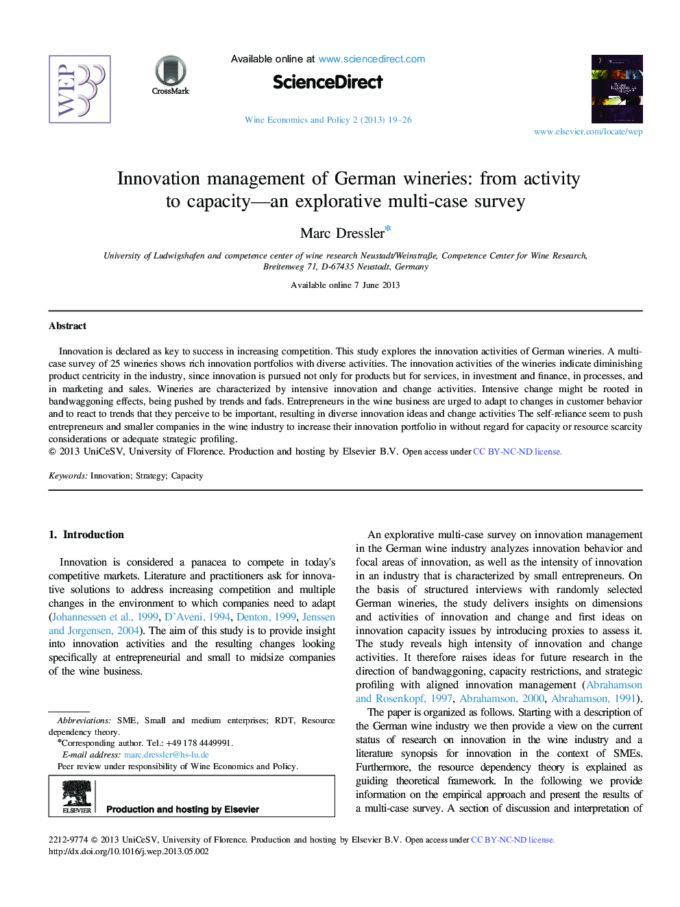 Innovation management of German wineries: from activity to capacity—an explorative multi-case survey 