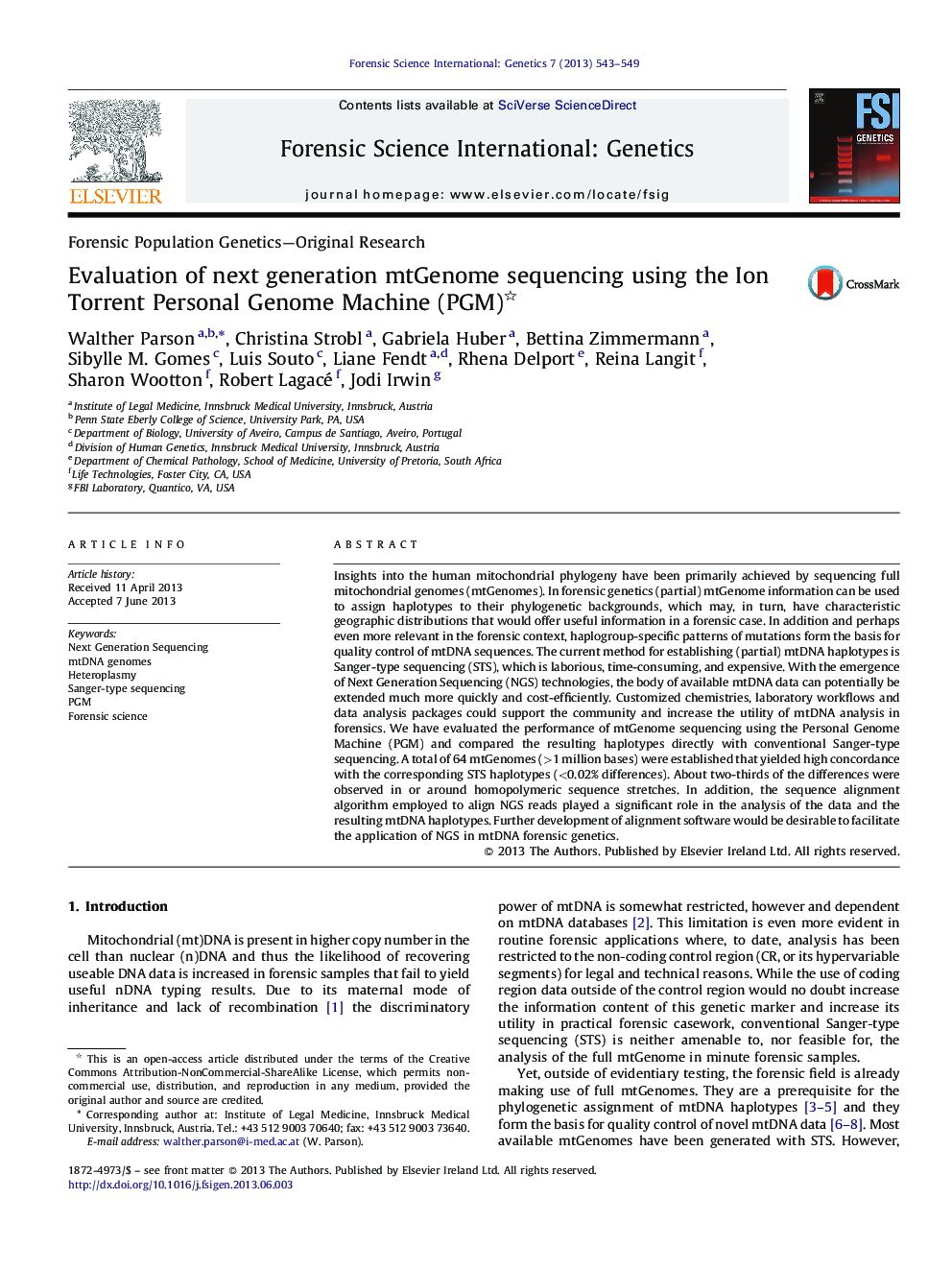 عکس صفحه اول مقاله: Evaluation of next generation mtGenome sequencing using the Ion Torrent Personal Genome Machine (PGM) Evaluation of next generation mtGenome sequencing using the Ion Torrent Personal Genome Machine (PGM)