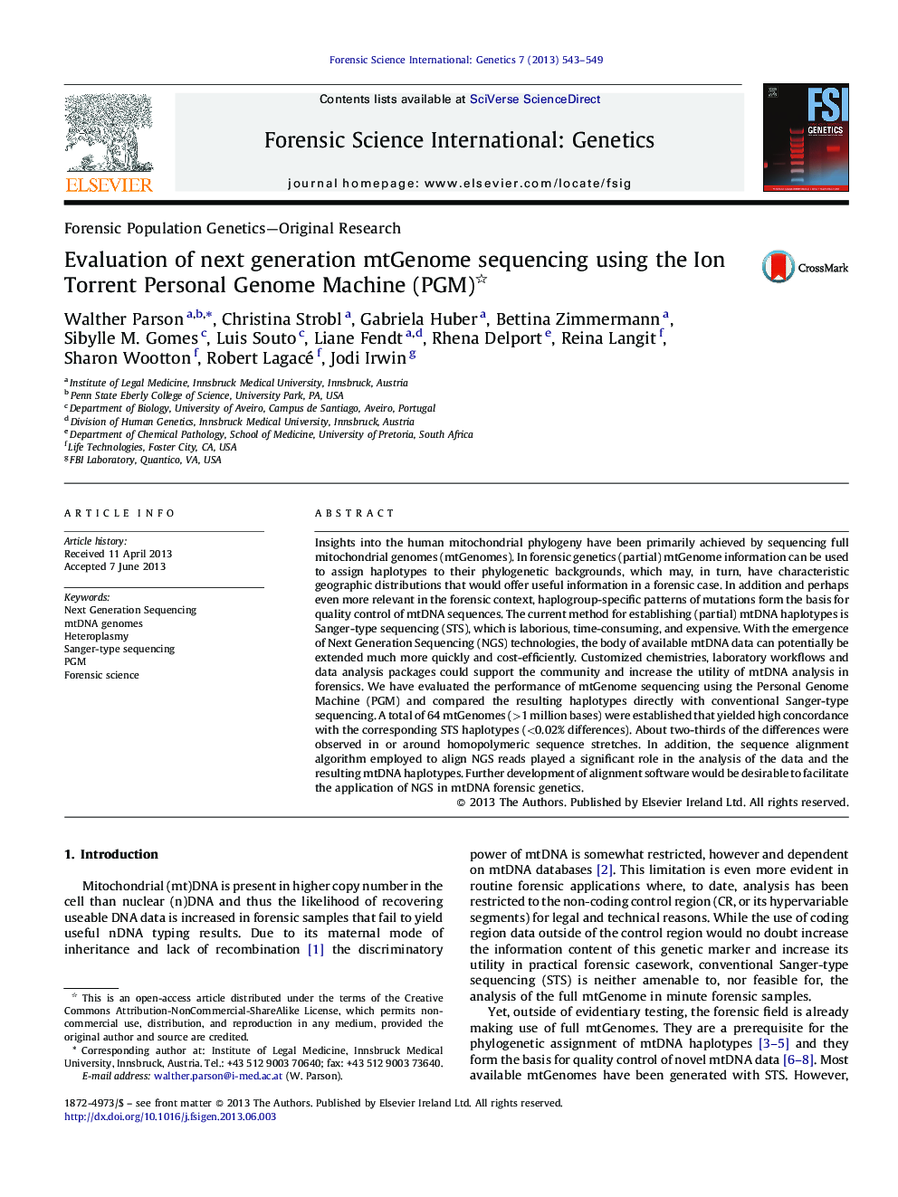 Evaluation of next generation mtGenome sequencing using the Ion Torrent Personal Genome Machine (PGM)