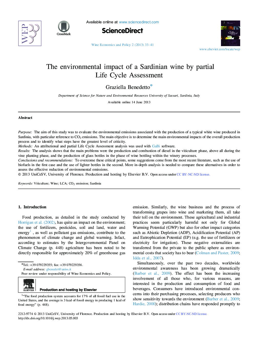 The environmental impact of a Sardinian wine by partial Life Cycle Assessment 