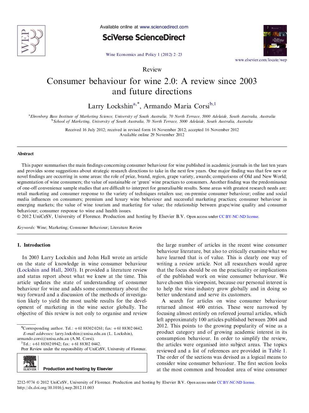 Consumer behaviour for wine 2.0: A review since 2003 and future directions 