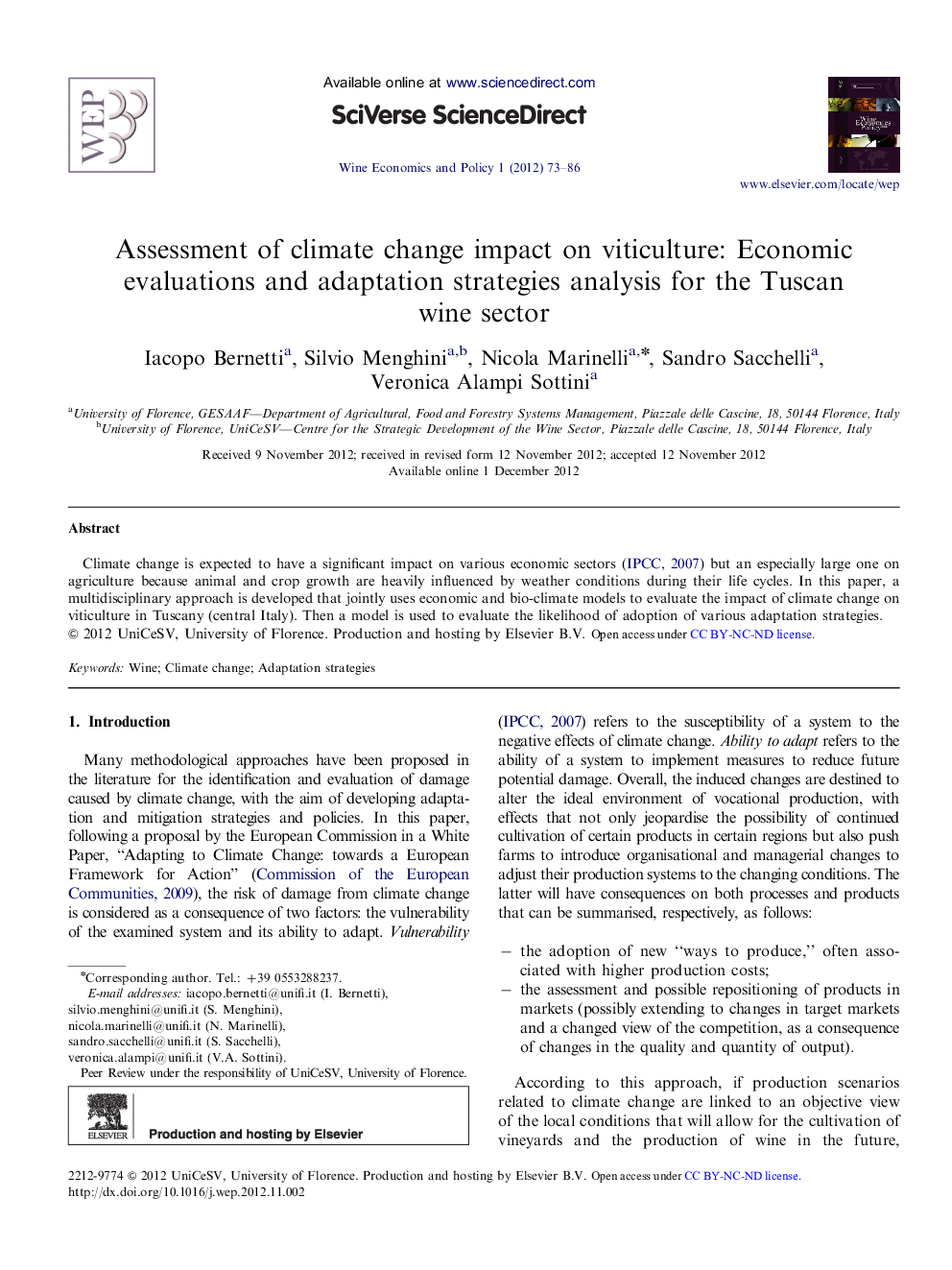 Assessment of climate change impact on viticulture: Economic evaluations and adaptation strategies analysis for the Tuscan wine sector 