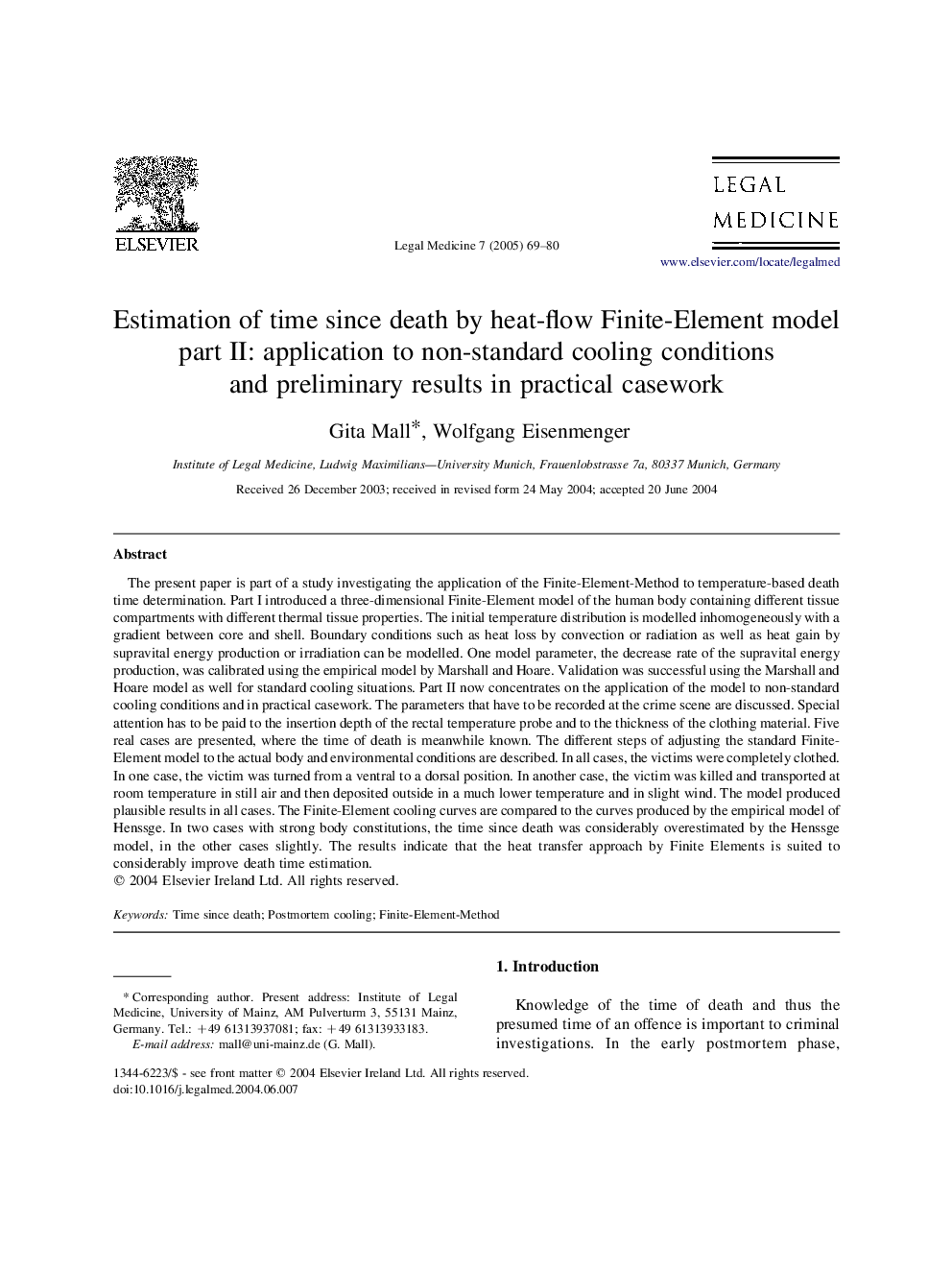 Estimation of time since death by heat-flow Finite-Element model part II: application to non-standard cooling conditions and preliminary results in practical casework