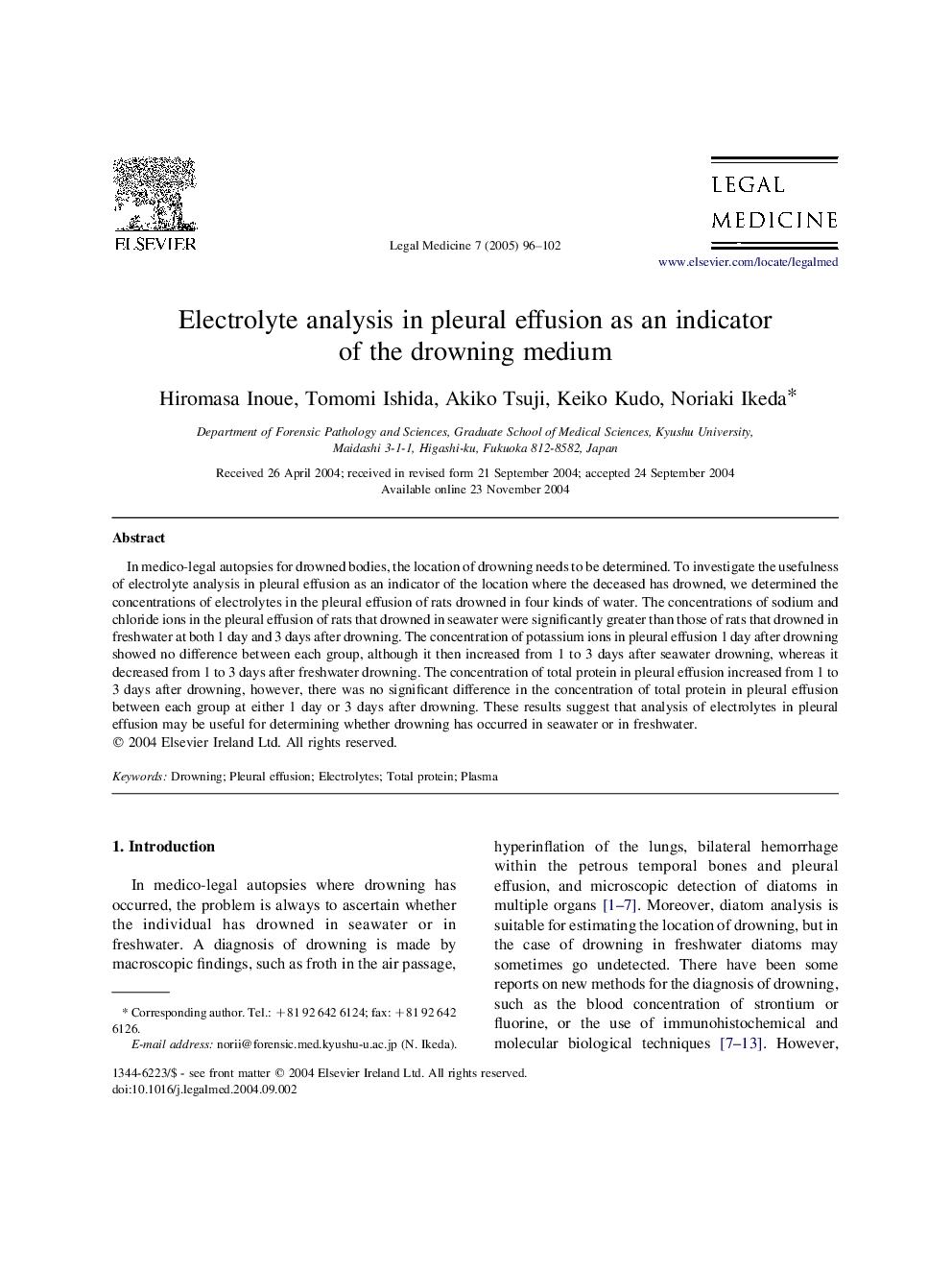 Electrolyte analysis in pleural effusion as an indicator of the drowning medium