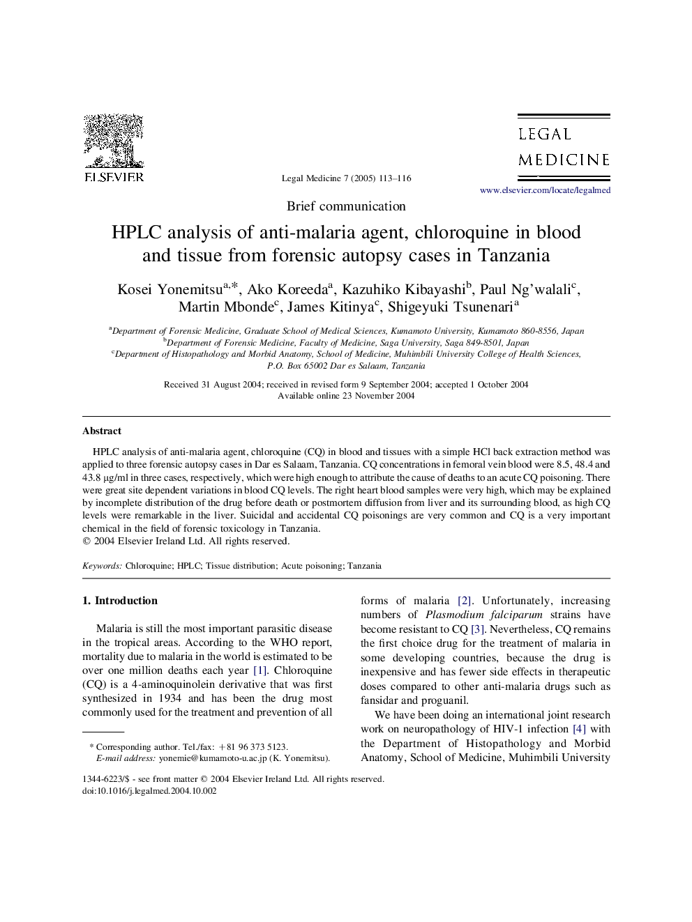 HPLC analysis of anti-malaria agent, chloroquine in blood and tissue from forensic autopsy cases in Tanzania