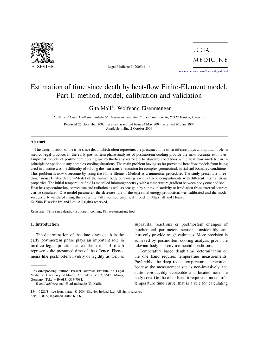 Estimation of time since death by heat-flow Finite-Element model. Part I: method, model, calibration and validation