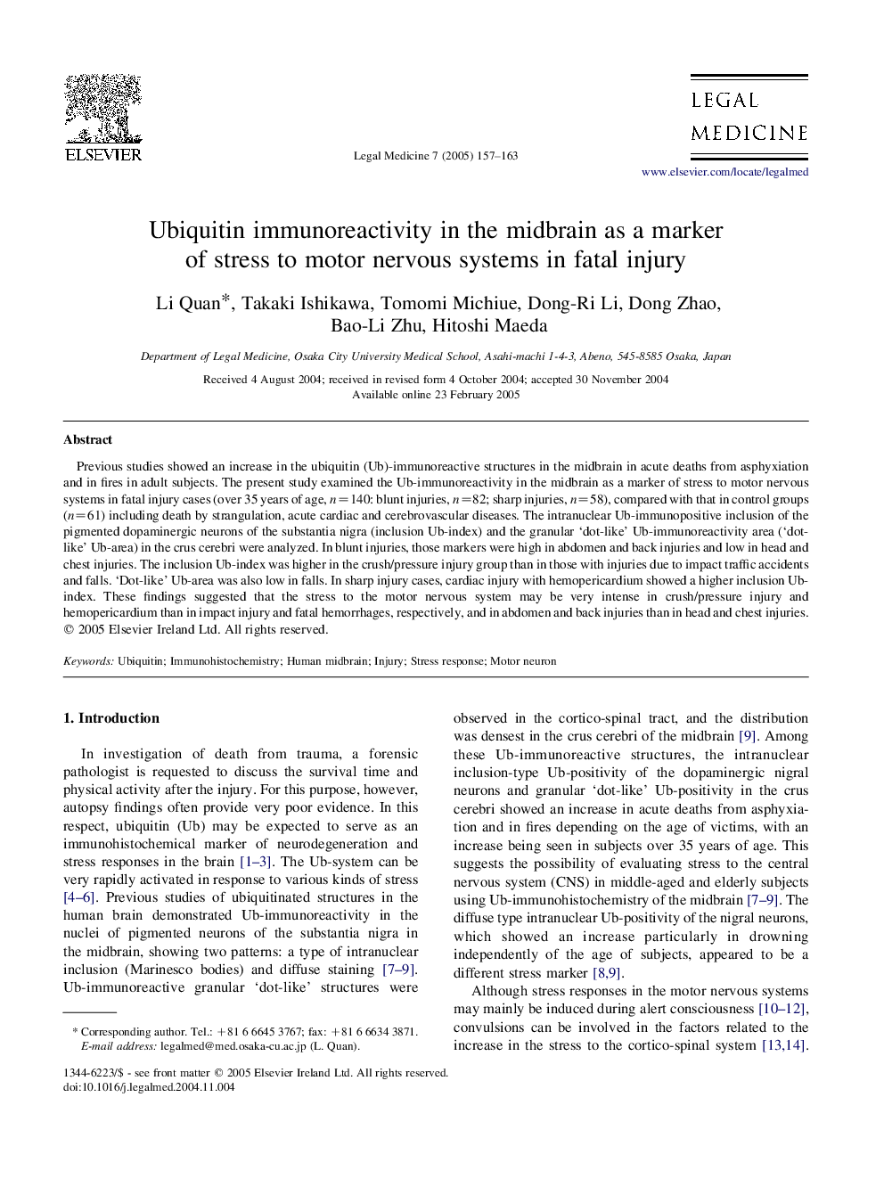 Ubiquitin immunoreactivity in the midbrain as a marker of stress to motor nervous systems in fatal injury