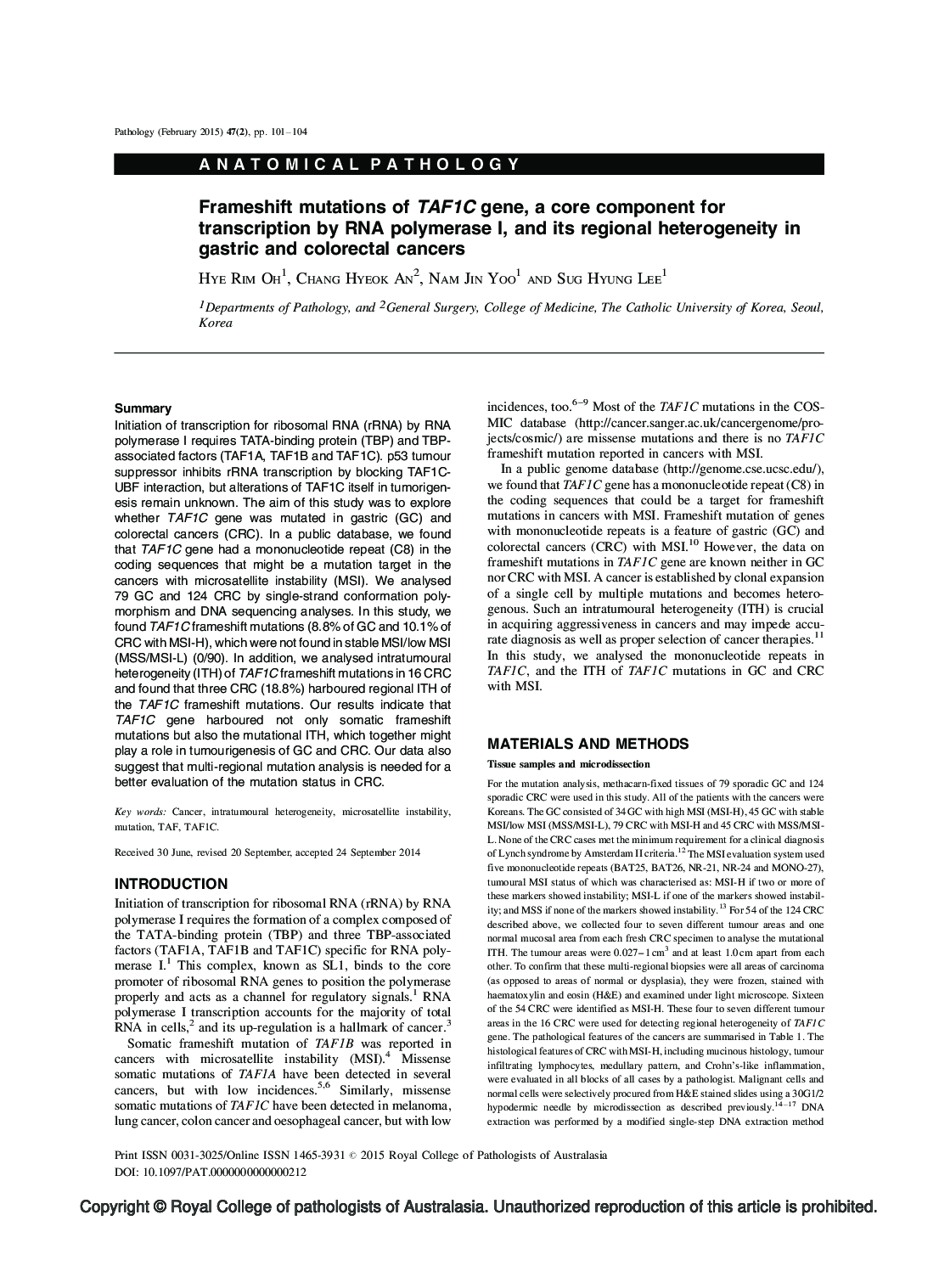 Frameshift mutations of TAF1C gene, a core component for transcription by RNA polymerase I, and its regional heterogeneity in gastric and colorectal cancers