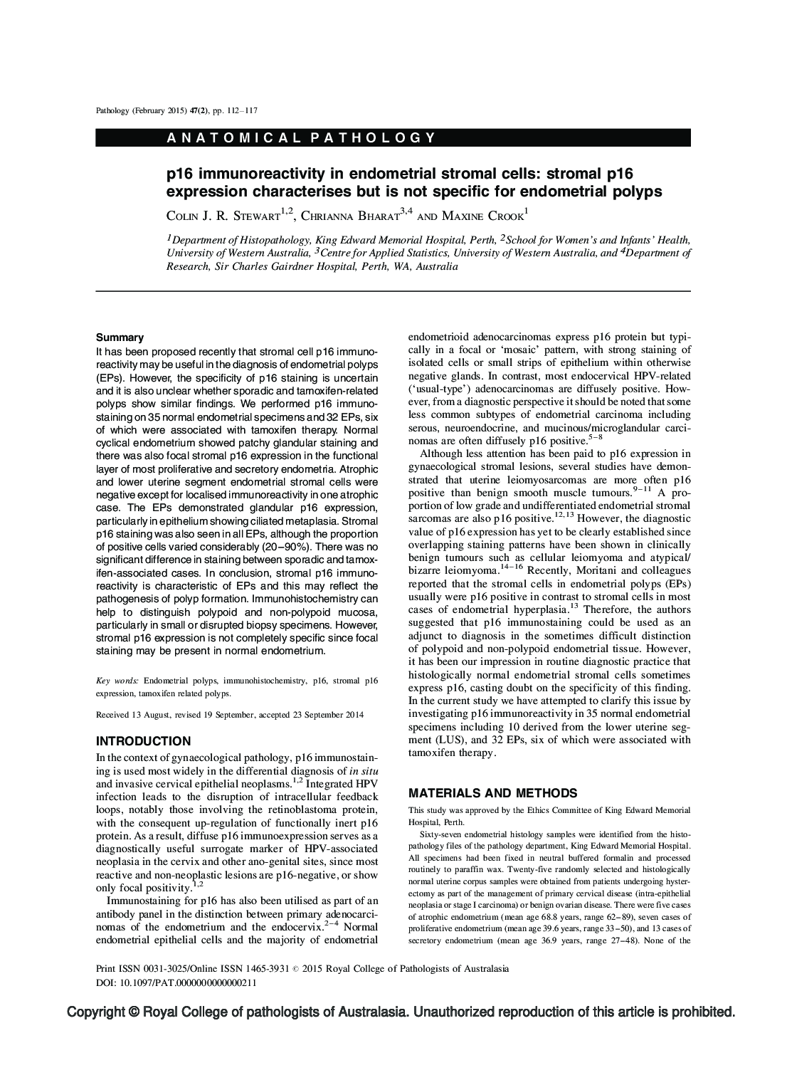 p16 immunoreactivity in endometrial stromal cells: stromal p16 expression characterises but is not specific for endometrial polyps